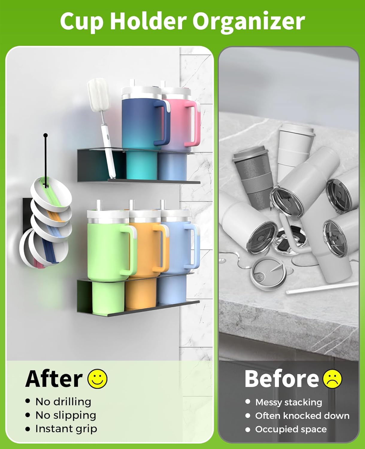 Magnetic Cup Holder for Fridge, Water Bottle Organizer, Magnetic Stanley Cup Organizer with 2 Holders & 1 Lid Rack, Tumbler Organizer Fits 20/30/40 oz Stanley Cups, Storage Rack for Kitchen Fridge - Image 5