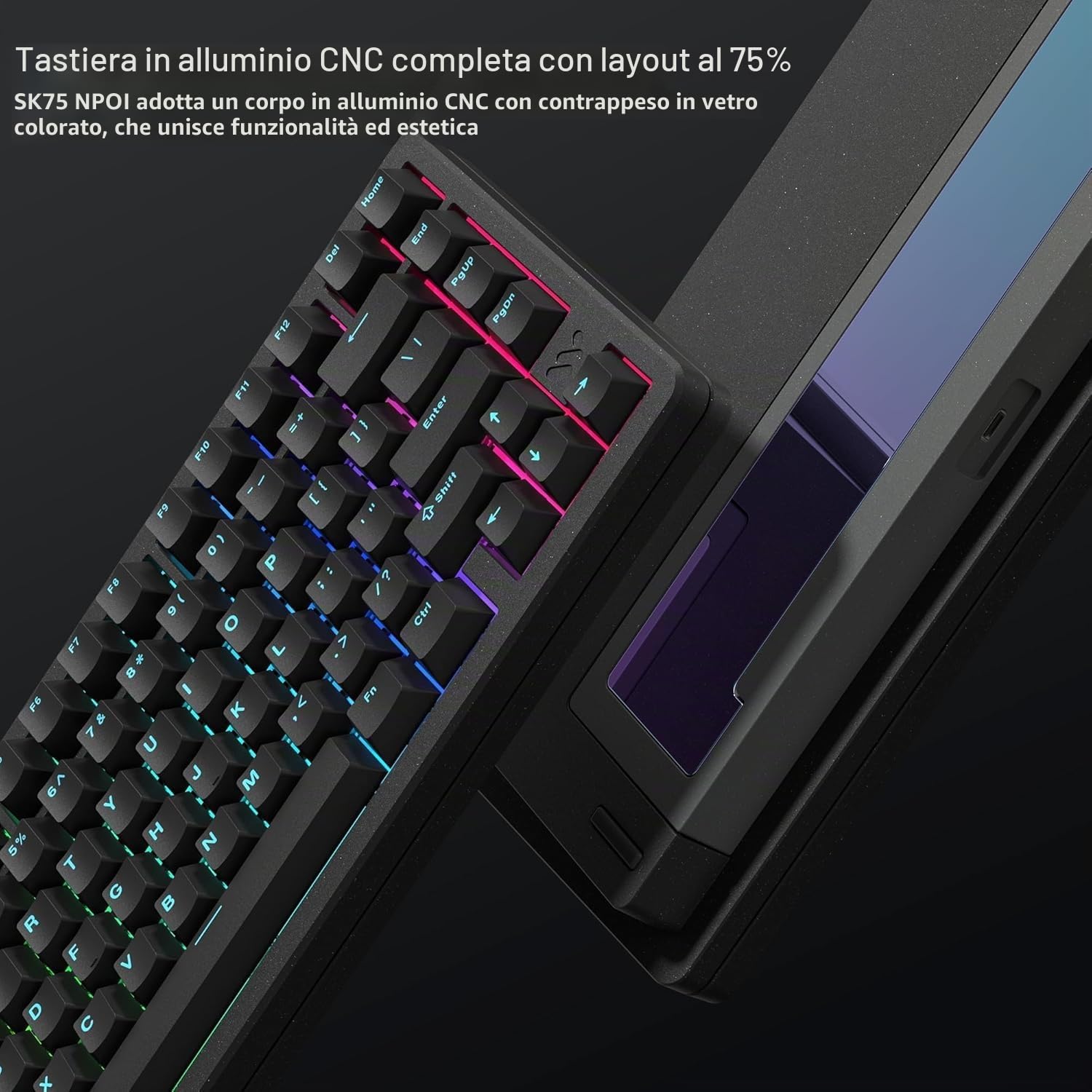 SK75 TMR - Tastiera meccanica senza fili in alluminio, 75% alluminio, ANSI US, pre-lubed POM Switches RGB Creamy Gaming Keyboard, 3 modalità BT5.0/2.4G/USB-C, Hot Swappable Keyboard con