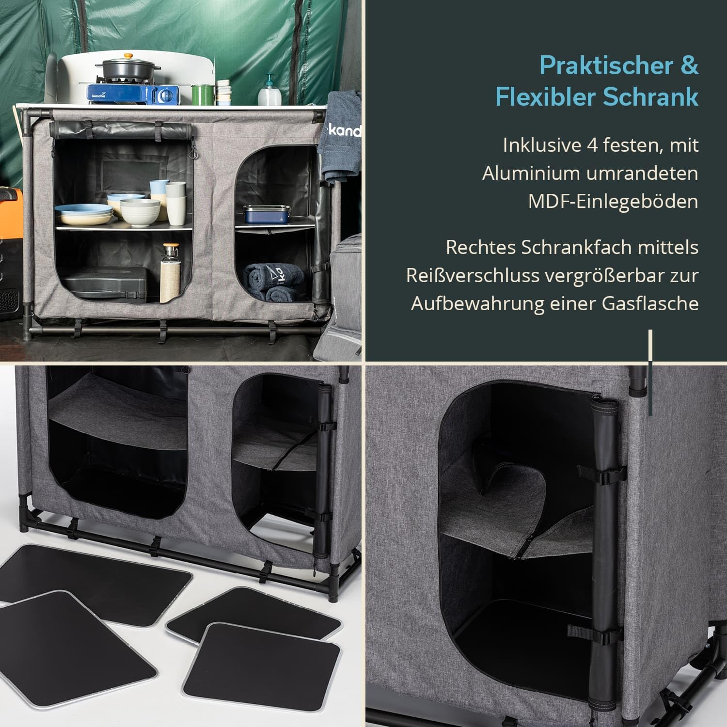 Skandika Kuchnia kempingowa Ruoka | szafka kempingowa z aluminiową ramą, zdejmowana ochrona przed wiatrem i rozpryskiwaniem, zlewozmywak, schowki, torba do noszenia, kuchnia outdoorowa | kuchnia