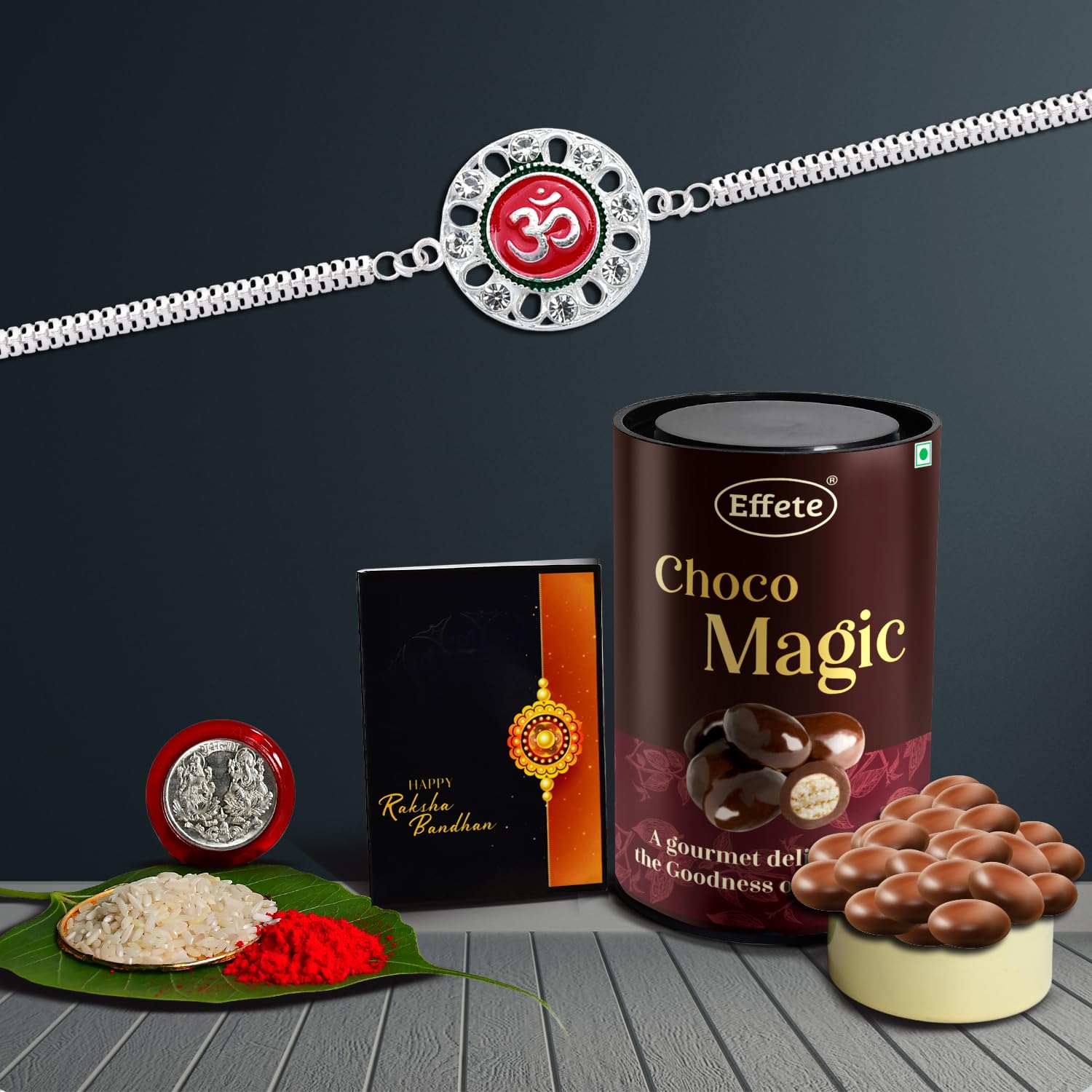 DeoDap Multicolor Bracelet/ Rakhi (K1_C26_MRN) & Effete Emperor with Silver Color Pooja Coin, Roli Chawal & Greeting Card, Occasion, Rakhi for brother with gift, Rakhi with chocolate, rakhi combo for brother, Set of 1 Rakhi, Rakhi Chocolate Gift combo-image-12