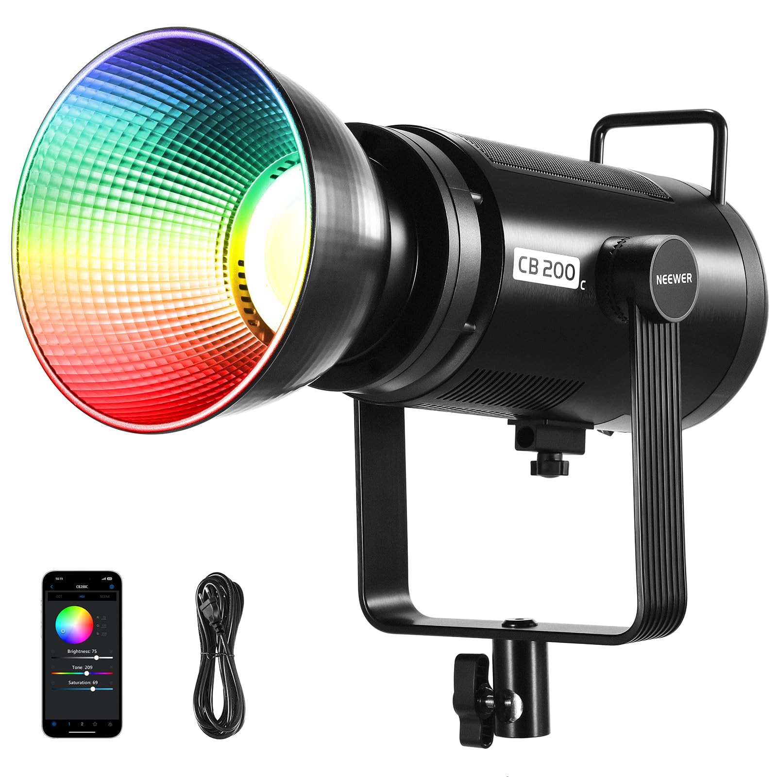 NEEWER CB200C 200W RGBWW COB LED Video Licht, APP/2.4G 360° Farbe 2500K-7500K (Duv±0.0003) 23000Lux/m Bowens Metallgehäuse Leise Dauerlicht TLCI/CRI97+ für Fotografie Videoaufnahme