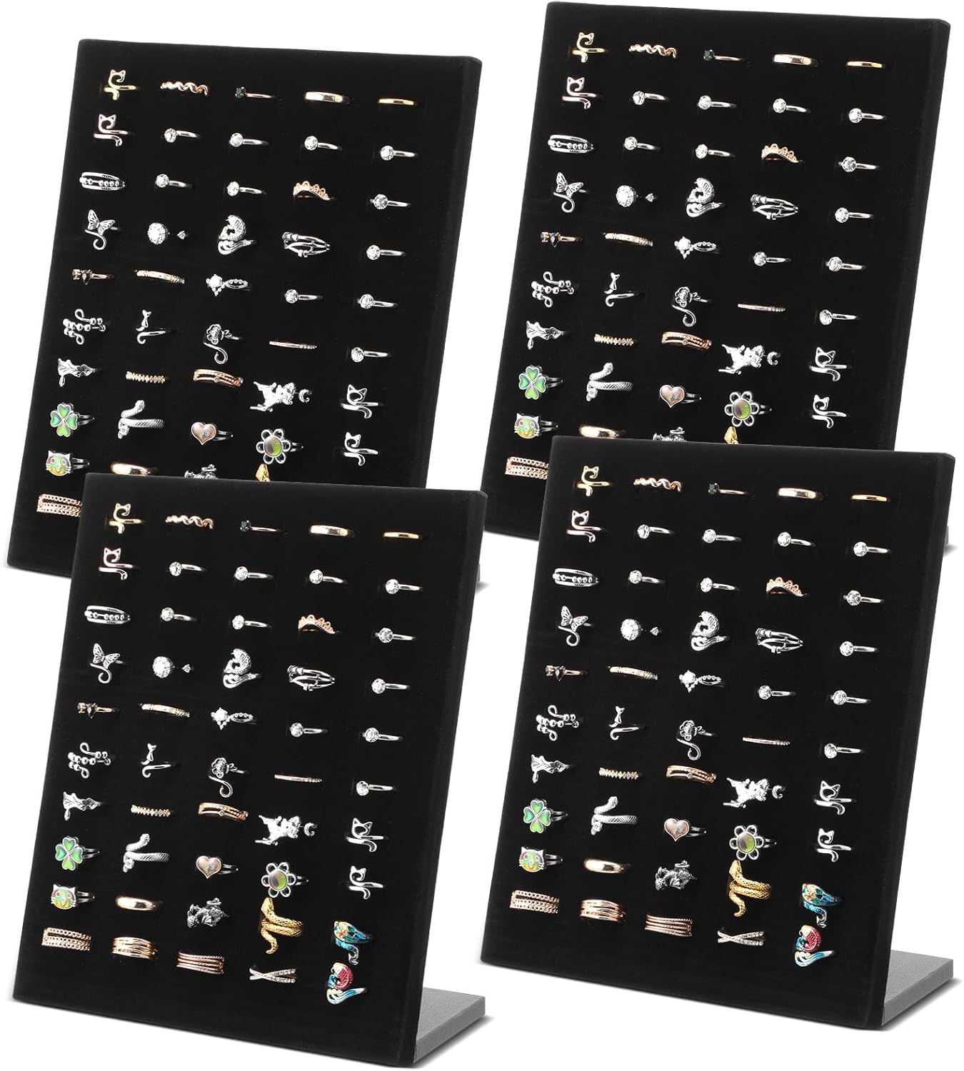 4 Pcs Black Velvet Ring Display Stand, 50 Slots L-Shaped Jewelry Organizer Tray for Selling Earrings Rings Retail Home Counter