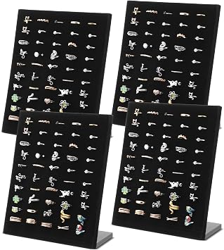 4 Pcs Black Velvet Ring Display Stand, 50 Slots L-Shaped Jewelry Organizer Tray for Selling Earrings Rings Retail Home Counter