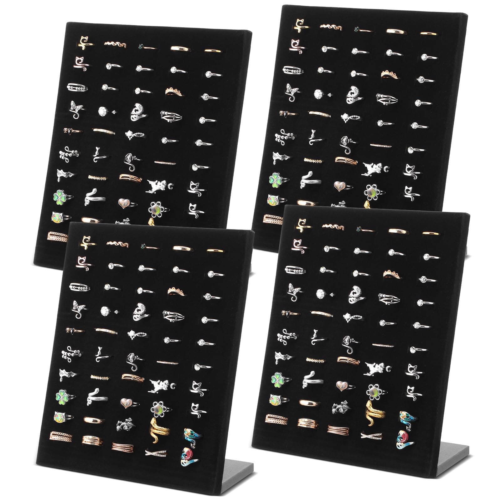 Photo 1 of Nodaaiie 4 Pcs Black Velvet Ring Display Stand, 50 Slots L-Shaped Jewelry Organizer Tray for Selling Earrings Rings Retail Home Counter