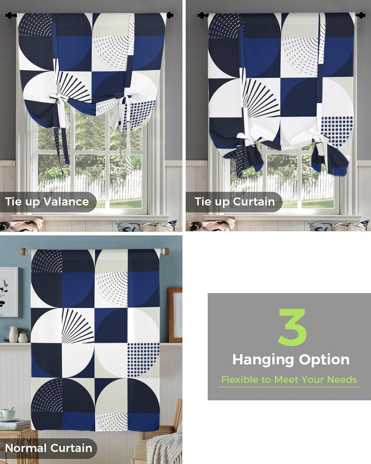 Tie Up Window Shade Curtain Abstract Mid Century Kitchen Adjustable Balloon Curtains Shades Drape 52x63In for Living Room/Bedroom/Cafe Windows Circle Blue Color Block Geometric