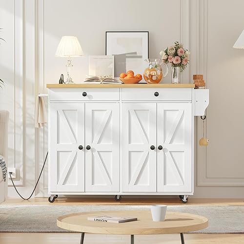 Miniatura 6 de Isla de cocina de 43.3 pulgadas con estación de carga, isla de cocina rodante con almacenamiento, carrito de isla de cocina con estante de especias