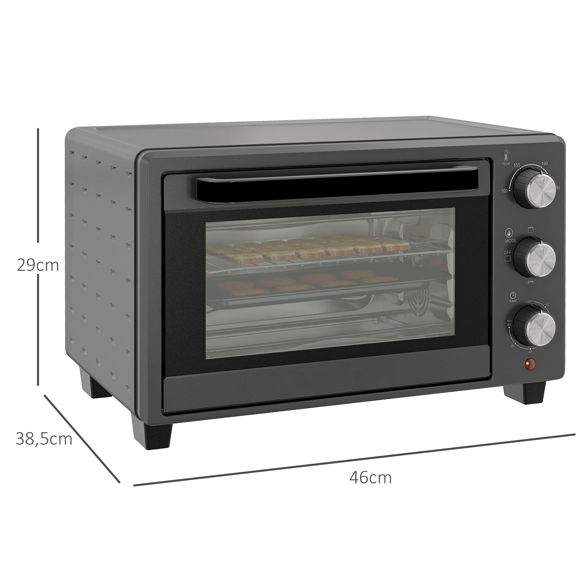 HOMCOM Mini piekarnik 21 l, 1400 W, timer 60 min, mały piekarnik z regulacją temperatury 100 °C-230°C, czas gotowania, mini piekarnik z blachą do pieczenia, stelaż z drutu, piec stołowy z metalu