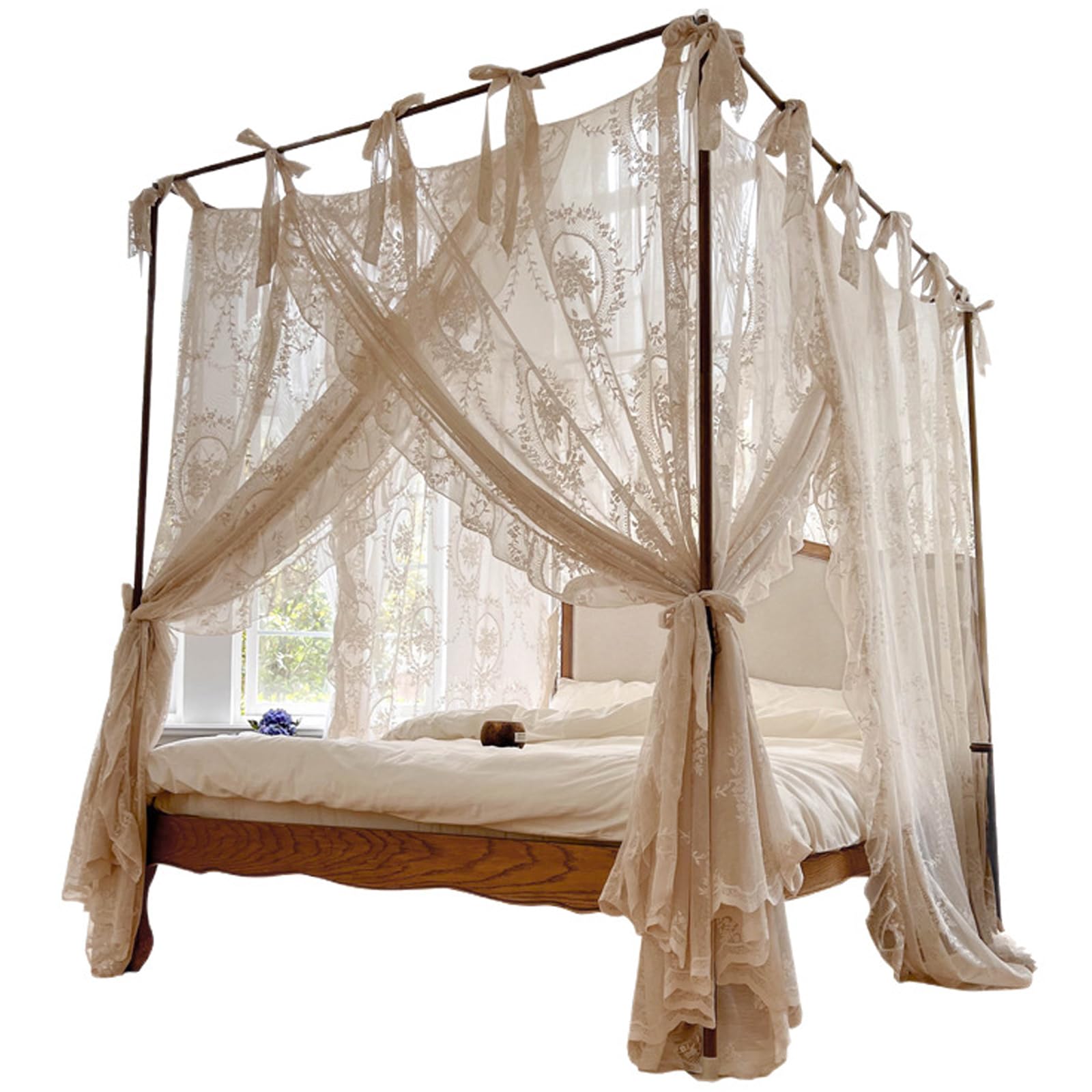 Mosquitera de encaje beige para cama de 1,5m con dosel de 4 postes