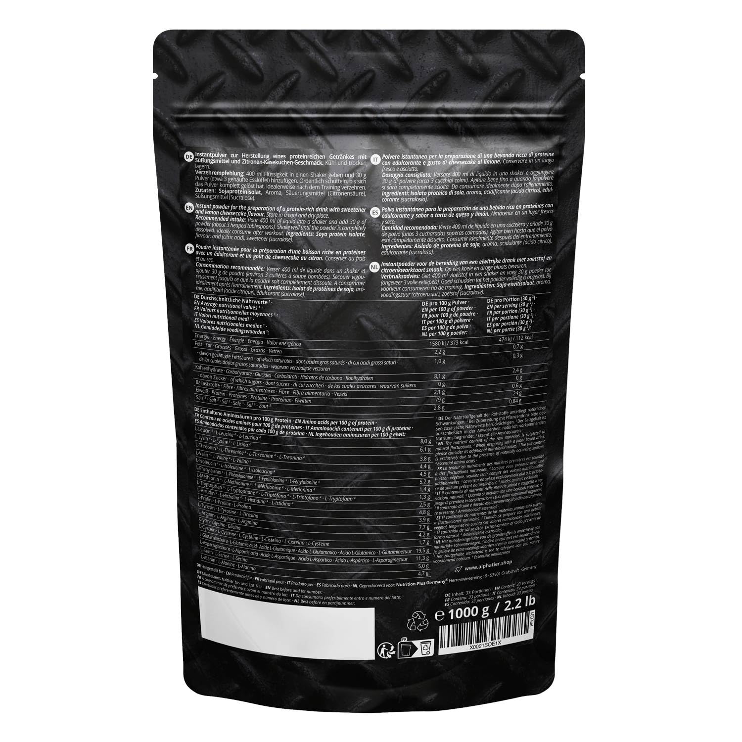 Alphatier Proteine in Polvere con BCAA + EAA - Cheesecake 1000 g - Miscela proteica - 79% di Contenuto proteico - Protein Powder Lemon Cheesecake - Isolato proteico di Soia con Aminoacidi