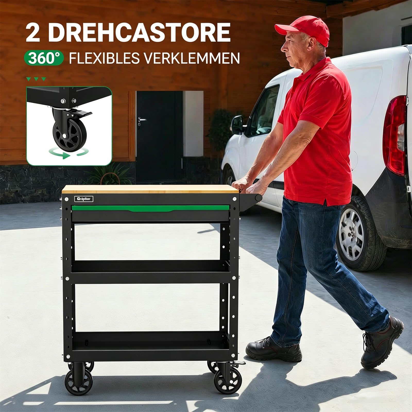 3-Tier Rolling Werkzeugwagen mit Schublade, Holzarbeitsplatte，150KG Tragfähigkeit,82 x 48 x 90cm für Lager Garage Garten Werkstatt