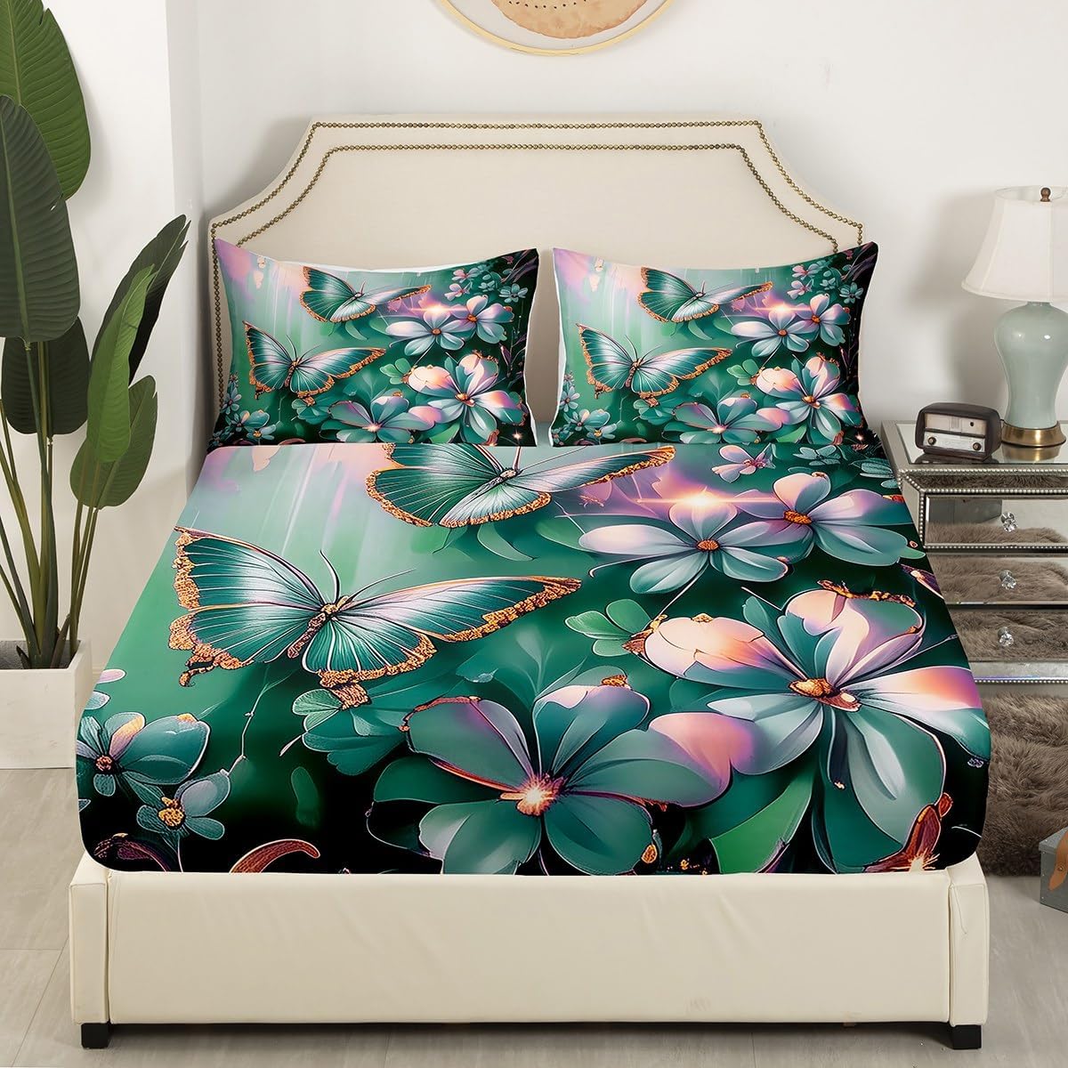 Erosebridal Navy Blue Floral Fitted Sheet Full Elegant Butterfly Bed Sheets Vibrant Watercolor Aesthetics Bedding Set for Women Men Adults Exotic Sheets Colorful Painting Decor