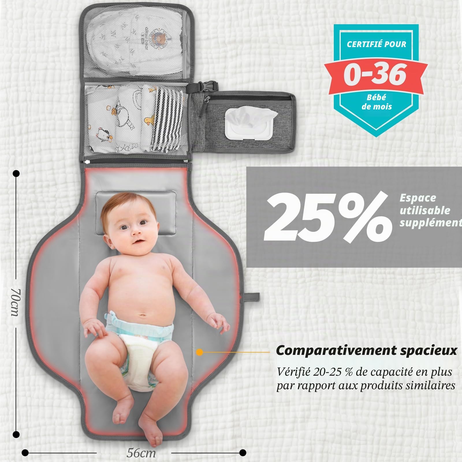 Matelas à langer portable - Matelas à langer de voyage avec poche et coussin de tête - Imperméable - Gris
