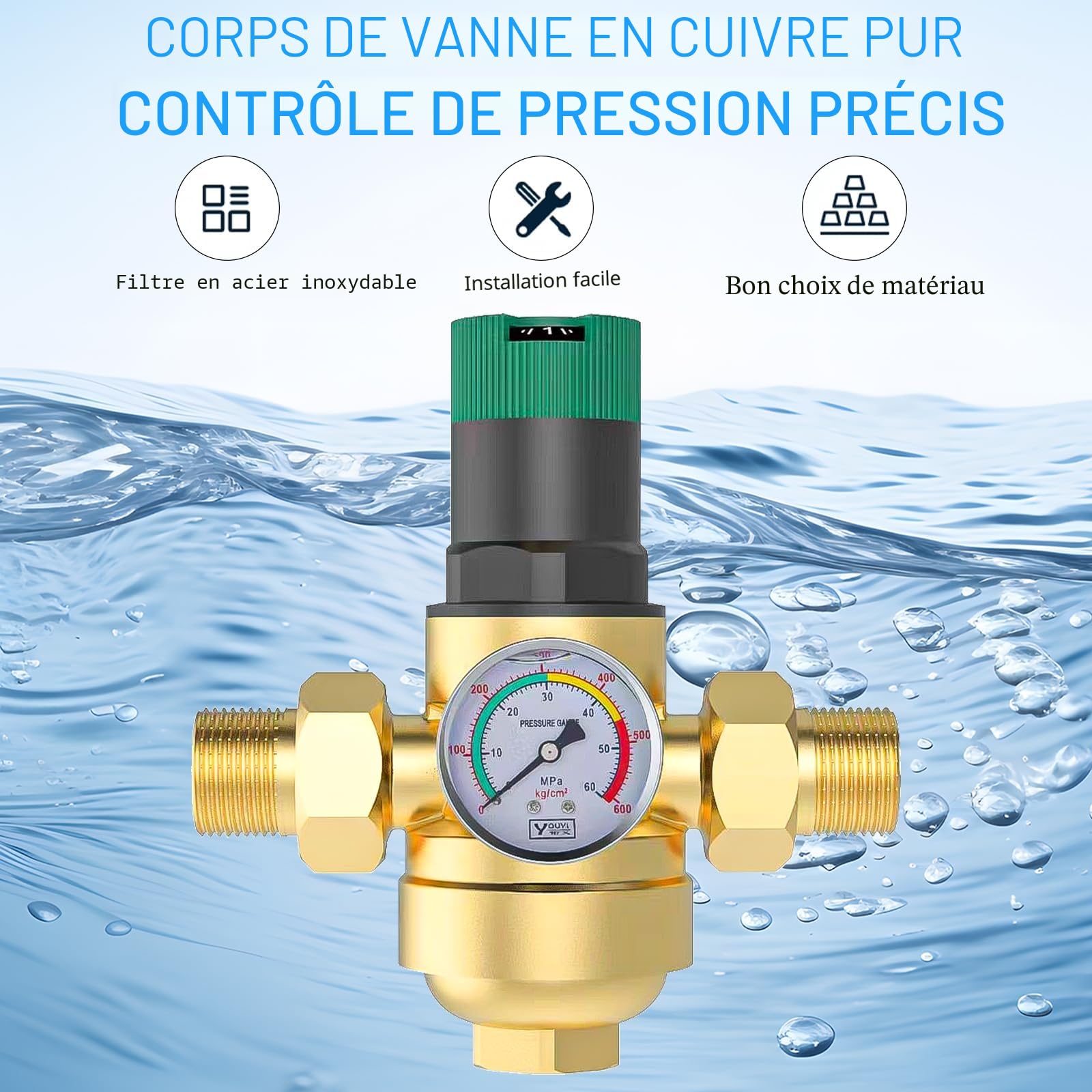 3/4 Pouce Reducteur de Pression Eau, Limiteur de Pression Avec Manometre Pression Eau Et Filtre à Mailles, RéDucteur de Pression D'Eau En pour Robinets D'Irrigation de Jardin de Chauffage au Gaz
