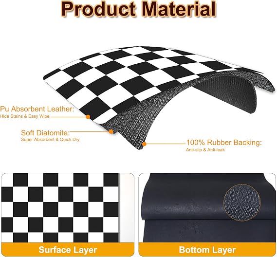 BLESWIN Dish Drying Mat for Kitchen, 15.7 X 17.7 Coffee Bar Mats for Countertop Fit Under Coffee Maker, Hide Stain Rubber Backed Espresso Machine Absorbent Drying Pad, Black & White