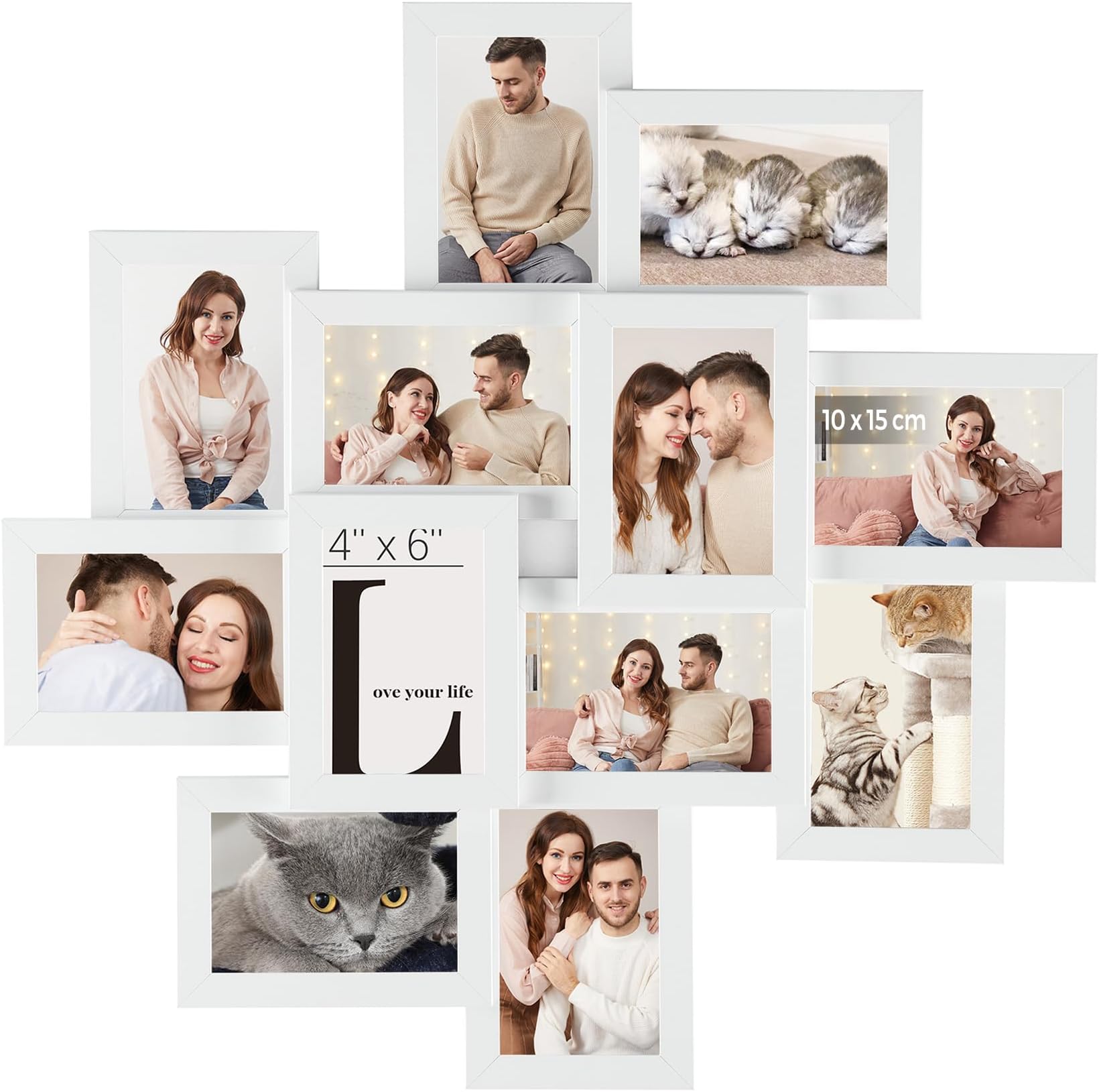 SONGMICS Picture Frame Collage for 12 Photos in 4x6, Picture Frames, Photo Frame Set, Glass, Assembly Required, Wall-Mounted, Family Photos, MDF, Cloud White RPF22WT