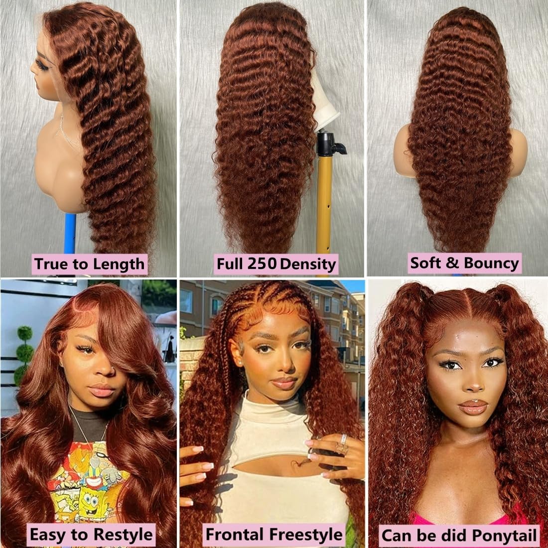 250 Density 36inch Reddish Brown Ultra-thin HD Lace Front Wigs Upgraded Tiny Knots Real Pre Bleached Copper Red Deep Wave Frontal Wig 13x4 Full Lace Space Curly Wigs Human Hair Ginger #33 Colored
