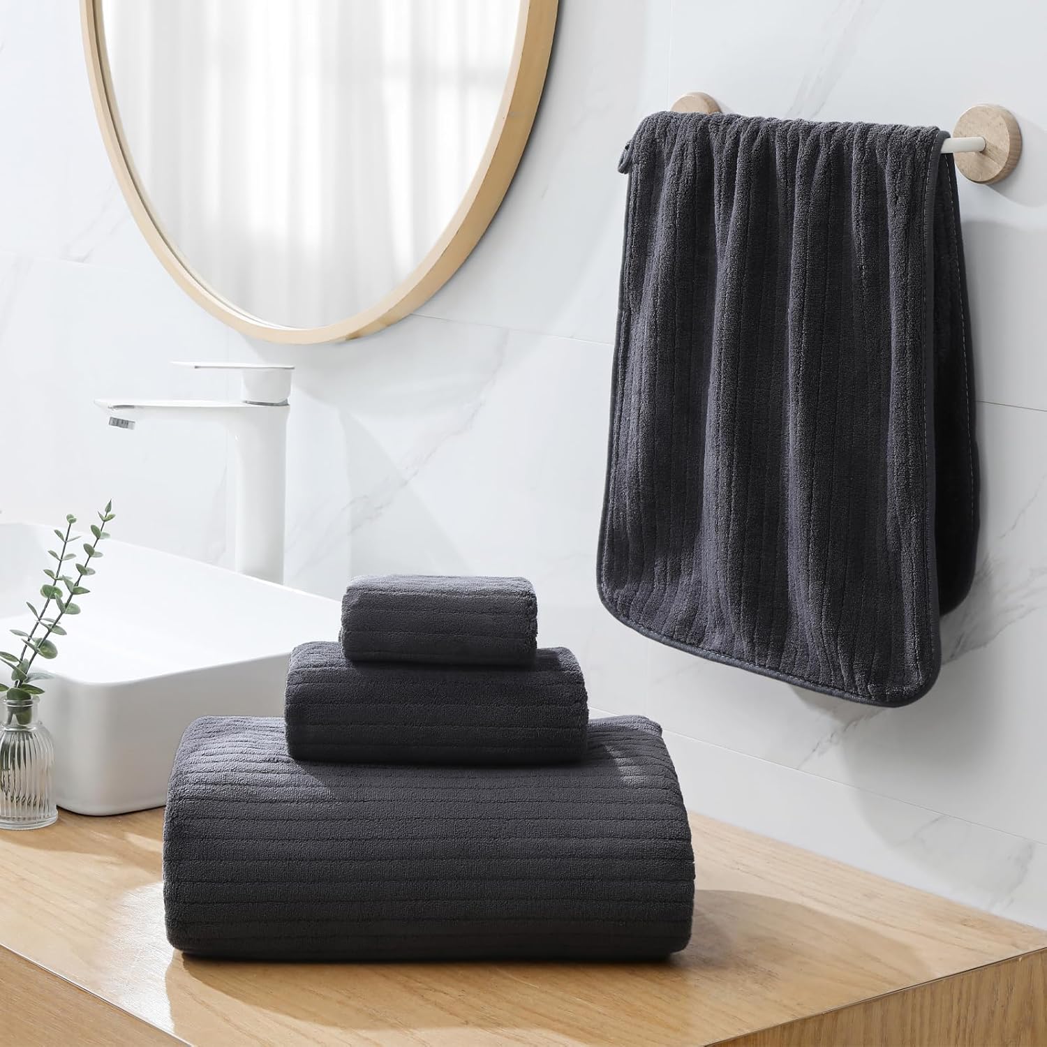 YTYC 39x78 Bath Sheets Extra Large Bath Towels Set for Adults Super Soft Absorbent Striped Microfiber Oversized Bathroom Towels - Charcoal Grey, 6 PCS
