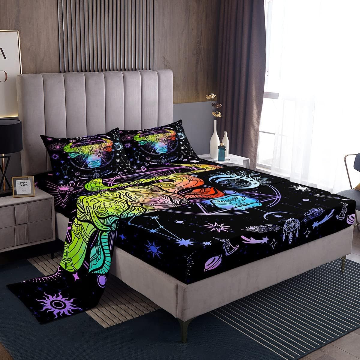 ManfeiTaurus Sheet Set King Size, 12 Constellations Zodiac Bed Sheet Set 4pcs with Deep Pocket Fitted Sheet + Flat Sheet + 2 Pillowcases, Galaxy Sun Moon Stars Bedding Set for Kids Girls Room Decor