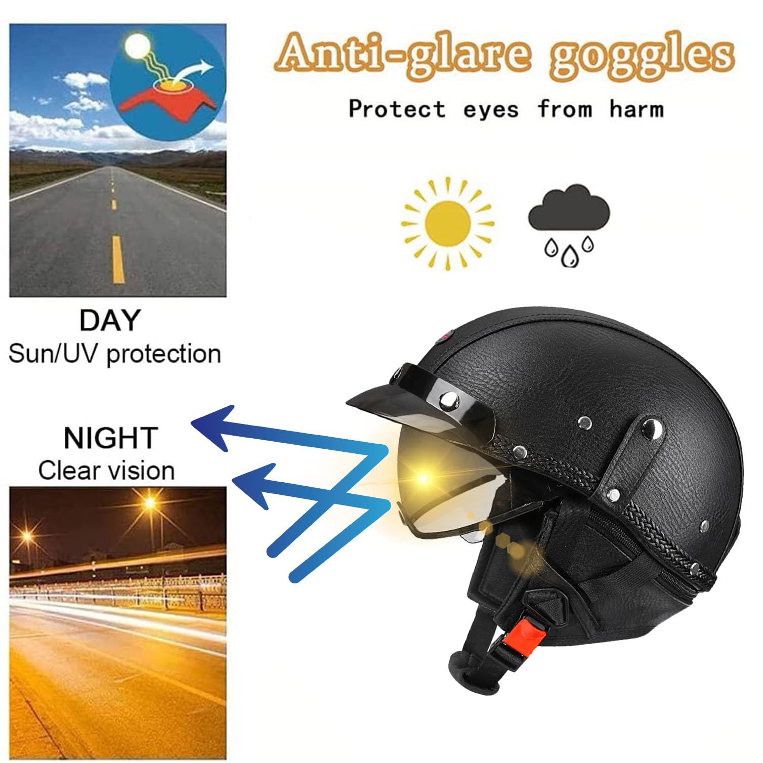 Retro Halbschalenhelm Halbhelme Leder Motorradhelm Mit ECEDOT Genehmigt Brain-Cap Halbschale Roller-Helm Mit Schutzbrille Scooter-Helm Jet-Helm Für Erwachsene Herren Damen