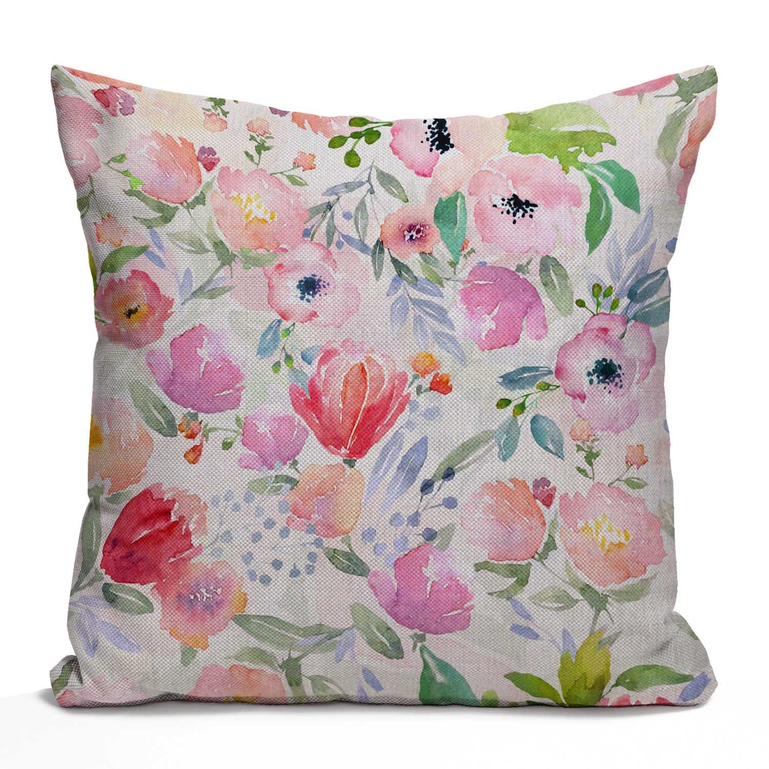 Tomda Multi055 Watercolor Flowers Print Farmhouse Décor Colorful Vintage Floral Decorative Cushion Cover Throw Pillow Cover Cotton Linen Sofa Couch 45X45cm 18X18 Inch