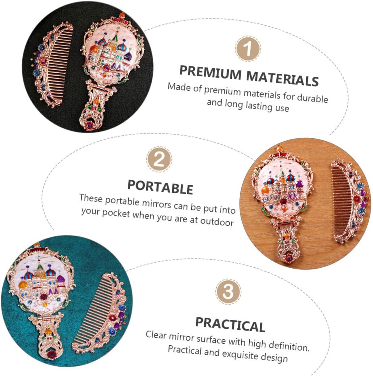 Beavorty Foldable Vintage Handheld Makeup Mirror and Mini Vanity Mirror with Comb Rose Gold Portable Travel Set