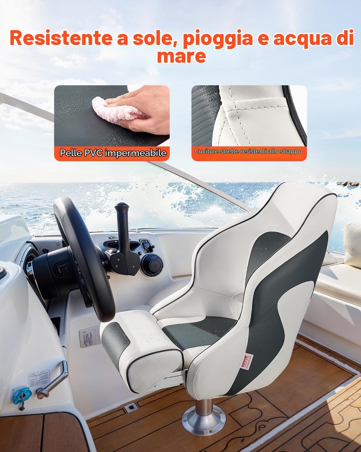 VEVOR Sedile per Barca, Schienale Alto, Sedile Ribaltabile per Barca, con Cuscino in Spugna Spessa e Pelle Impermeabile, Design Ergonomico, per Barche, Yacht, Navi, Bianco e Grigio