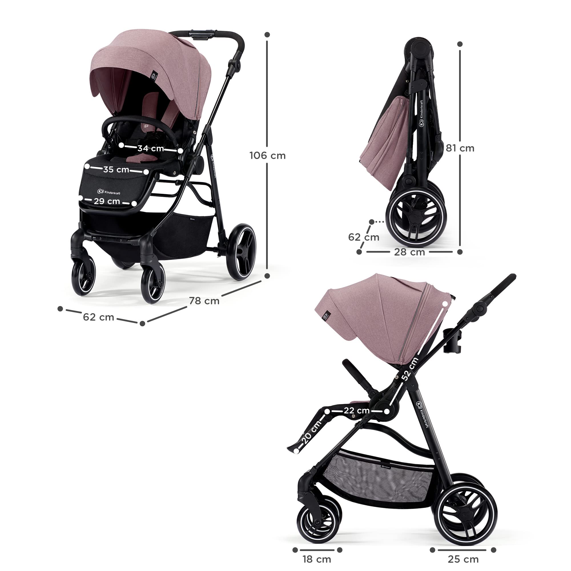 Kinderkraft VESTO Poussette Canne, Poussette Compacte, Poussette Bébé, Siège Réversible, Position Allongée, Avec Accessoires, Légère, Roues en mousse durable, Imperméable avec Filtre UPF 50+, Rose