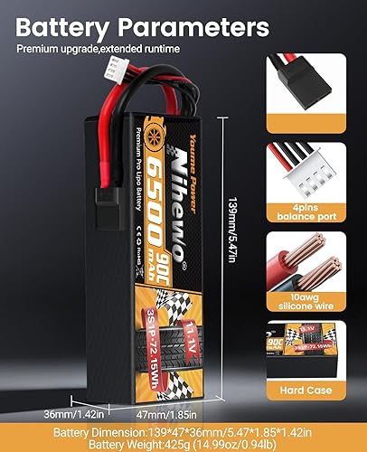 Miniatura 3 de 3S Lipo Battery 11.1V 6500mAh RC Battery 90C Estuche rígido con enchufe Tr + adaptador EC5 compatible con 18 110 RC camión, coche, vehículos,