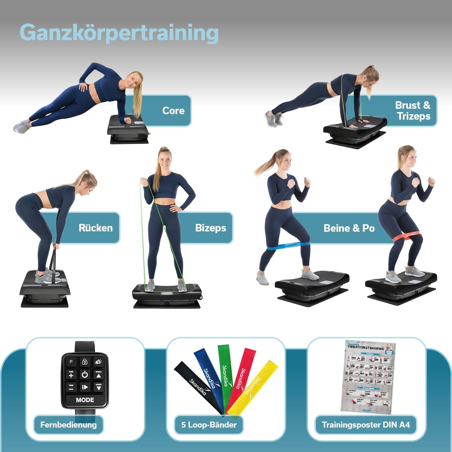 Skandika Plataforma vibratoria 4D V3000 Plus - Vibración oscilante hasta 40 Hz - hasta 150 kg | Tecnología Curved - Esterilla Protectora para el Suelo - Cintas de Entrenamiento