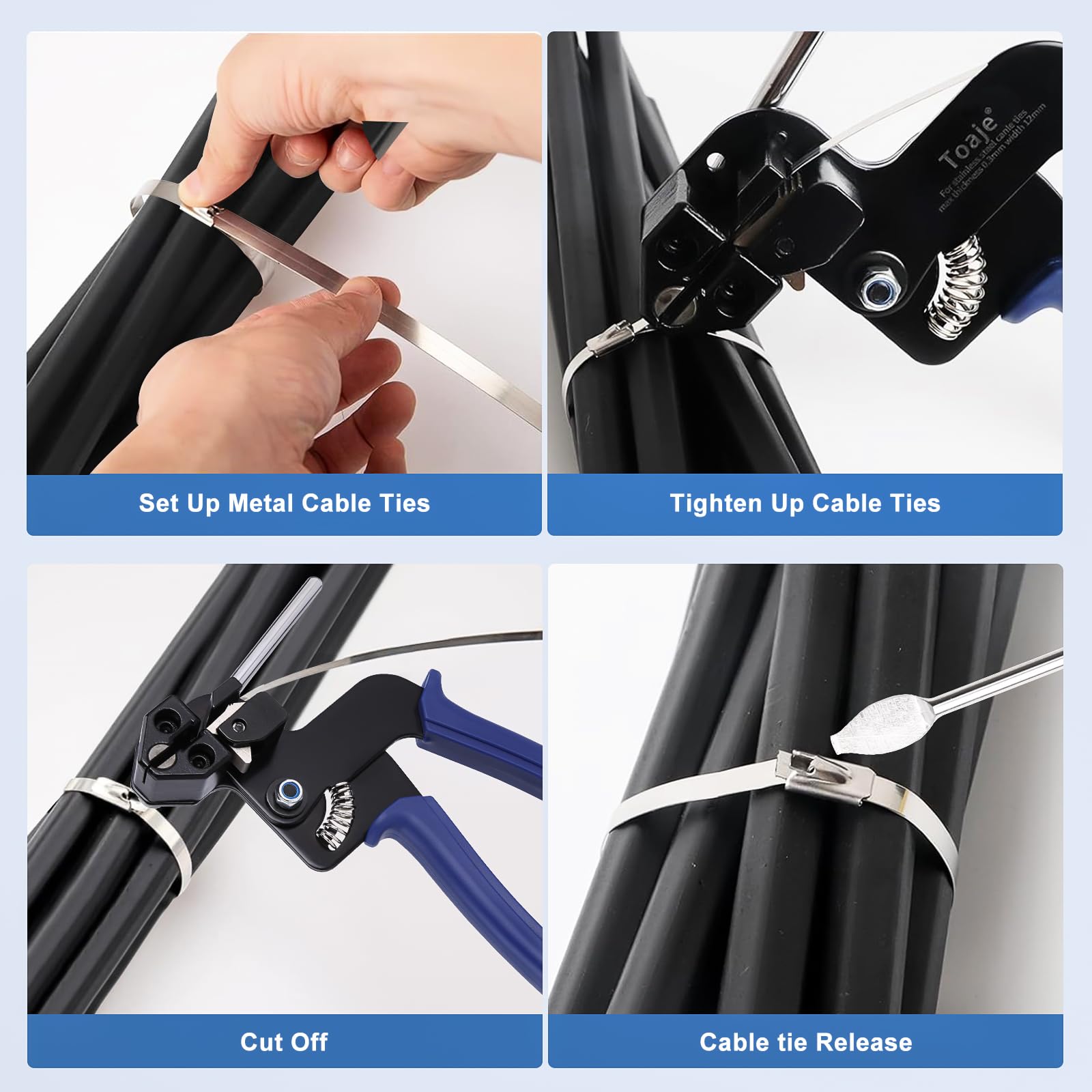Stainless Steel Cable Tie Gun, Adjustable Fastening And Cutting Metal Zip Ties Tool, With 150pcs 11 in Metal Steel Zip Ties & Free Zip Tie Release Tool for Outdoor Fence/Exhaust Pipe/Cable
