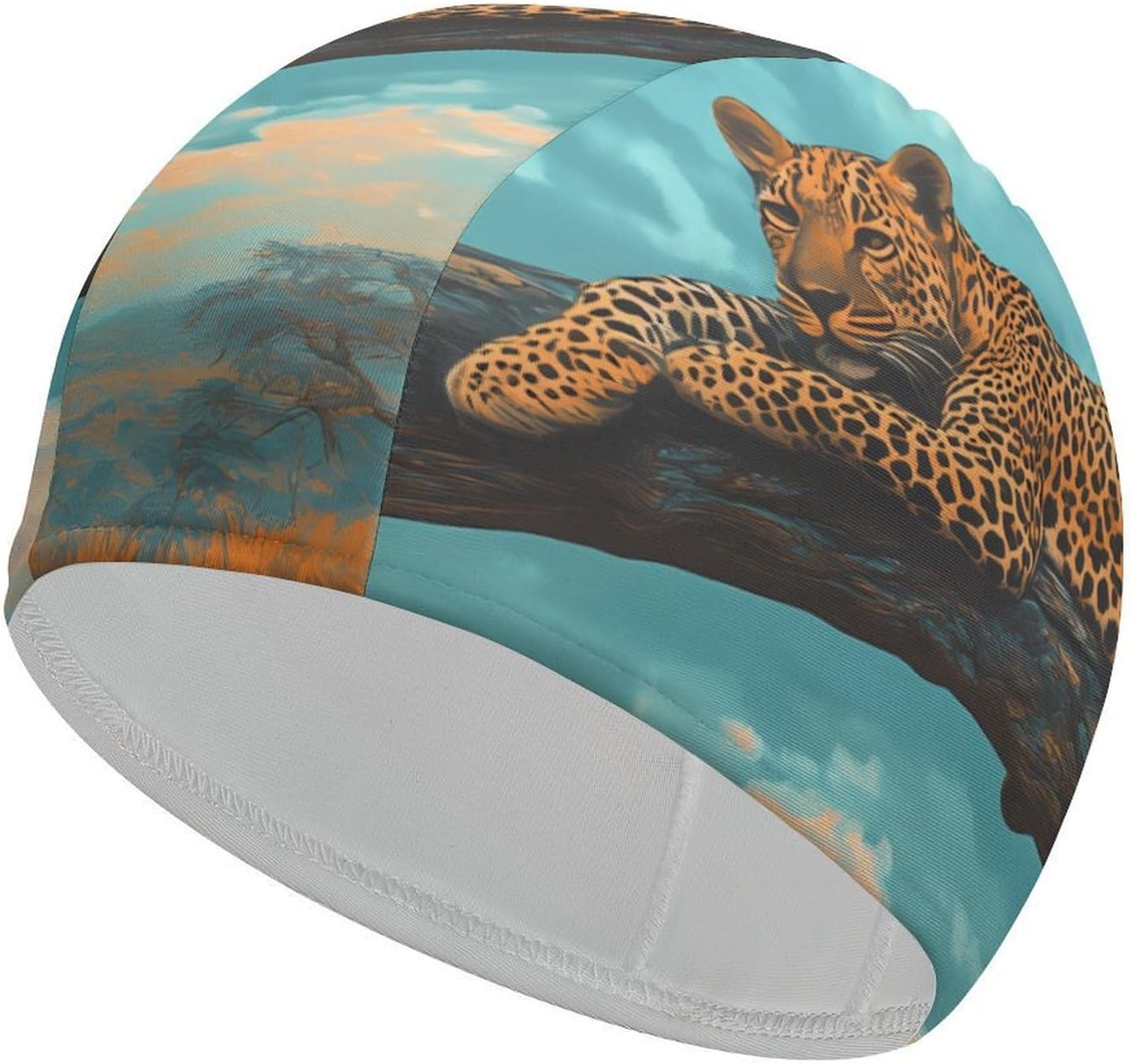 Leopard Lounging On Branch Acacia Tree Womens Swim Cap for Men Adult Swimming Hat Curly Short Medium Long Hair