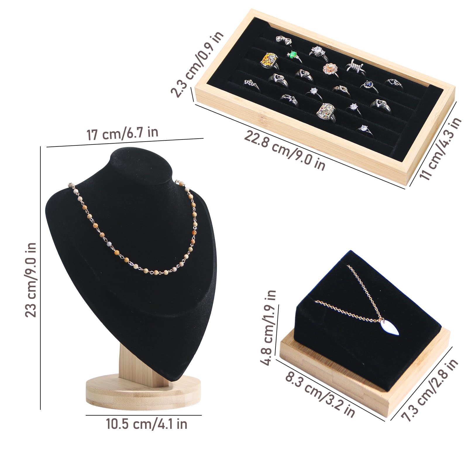 Lot de 7 présentoirs à bijoux pour vendeurs avec support en bambou, présentoir pour colliers, pandents, bagues et boucles d'oreilles (noir)