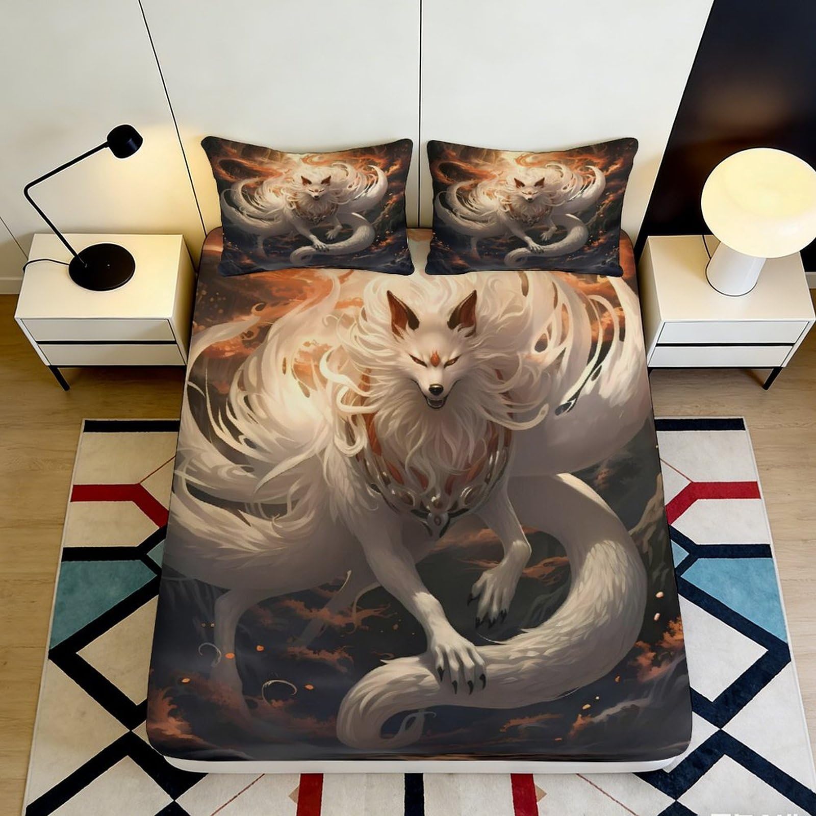 3D Printed Mystic White Fox Fitted Sheet Microfiber Soft Durable Fiery Spirit Bed Cover for Bedroom Dormitory Guest Room Mattress Protection 200x200x25cm