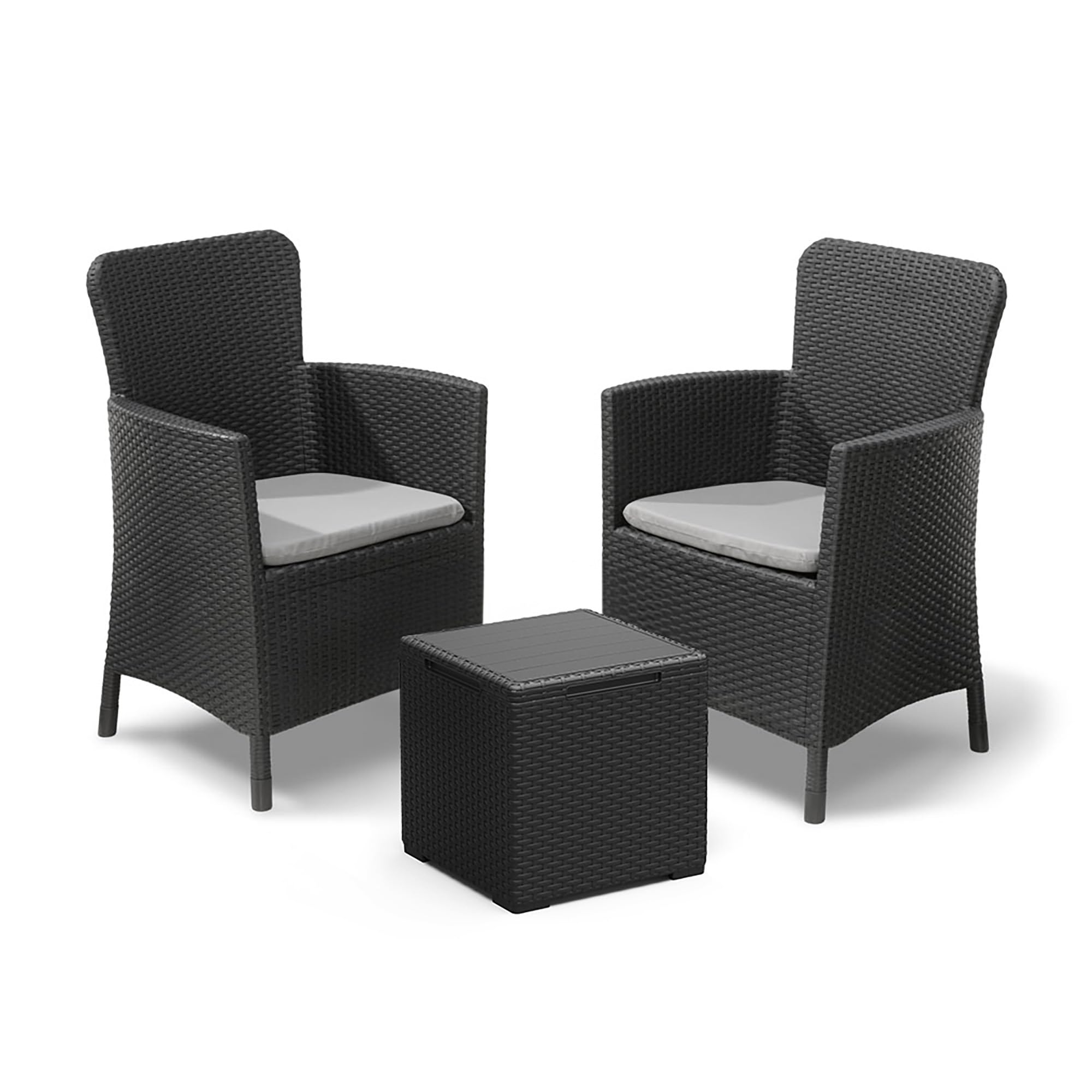 Keter Miami Balcony Set – 2 Flat Wicker-Style Chairs with Cushions & Storage Table | Compact Outdoor Furniture for Patio, Balcony, or Garden | Lightweight & Durable Design