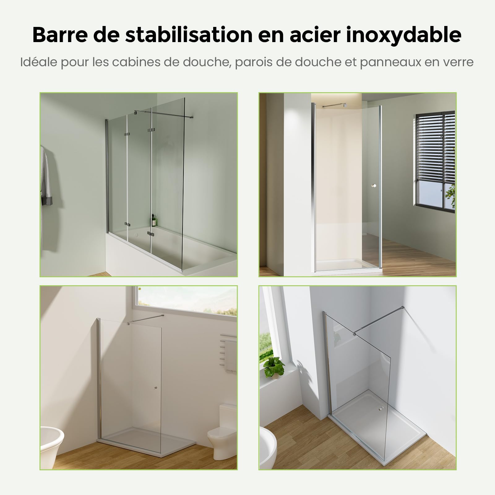 S'AFIELINA Barre de stabilisation, Barre de support pour parois de douche, Angulaire, Flexible, Réglable 700-1200 mm, Stabilisateur pour verre d'épaisseur 8-10 mm (2 pièce)
