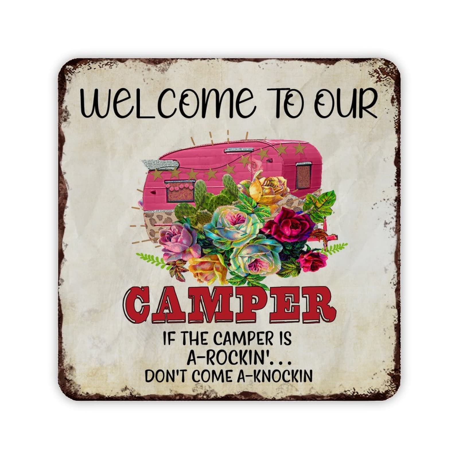 ENEDNATE Welcome to Our Camper Camping Aluminum Sign 12x12 inch Iron Poster Painting Tin Sign for Cafe Bar Pub Home Beer Decoration