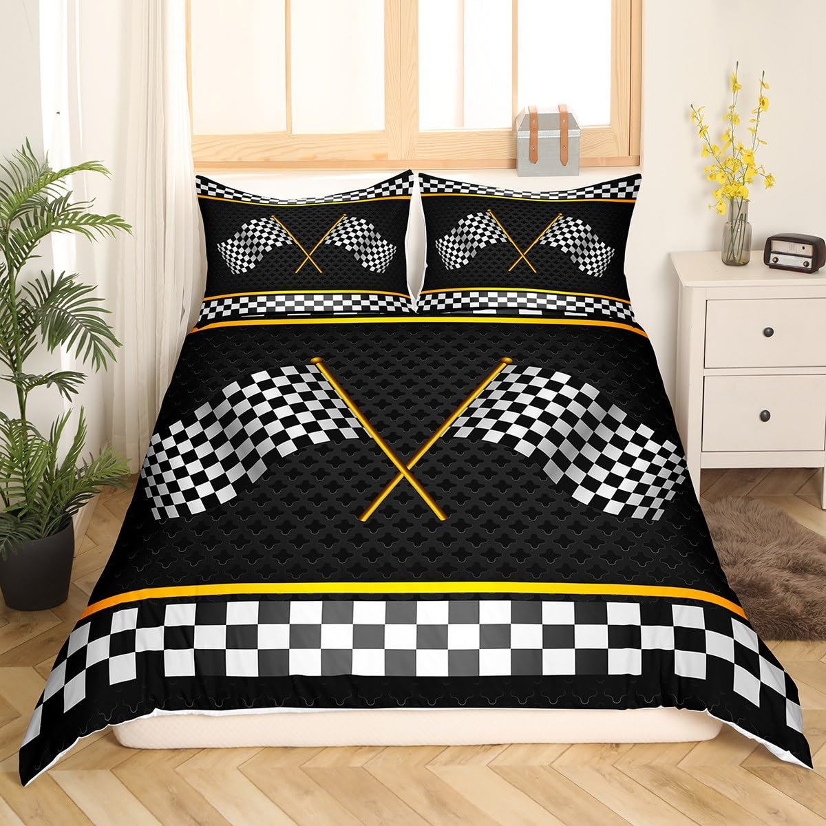 Black White Checkered Flag Duvet Cover Racing Competition Bedding Set Extreme Sports Yellow Comforter Cover(No Filler) for Boys Girls Kids Room Decor Bedding Set Single Size with 1 Pillowcase - Image 2