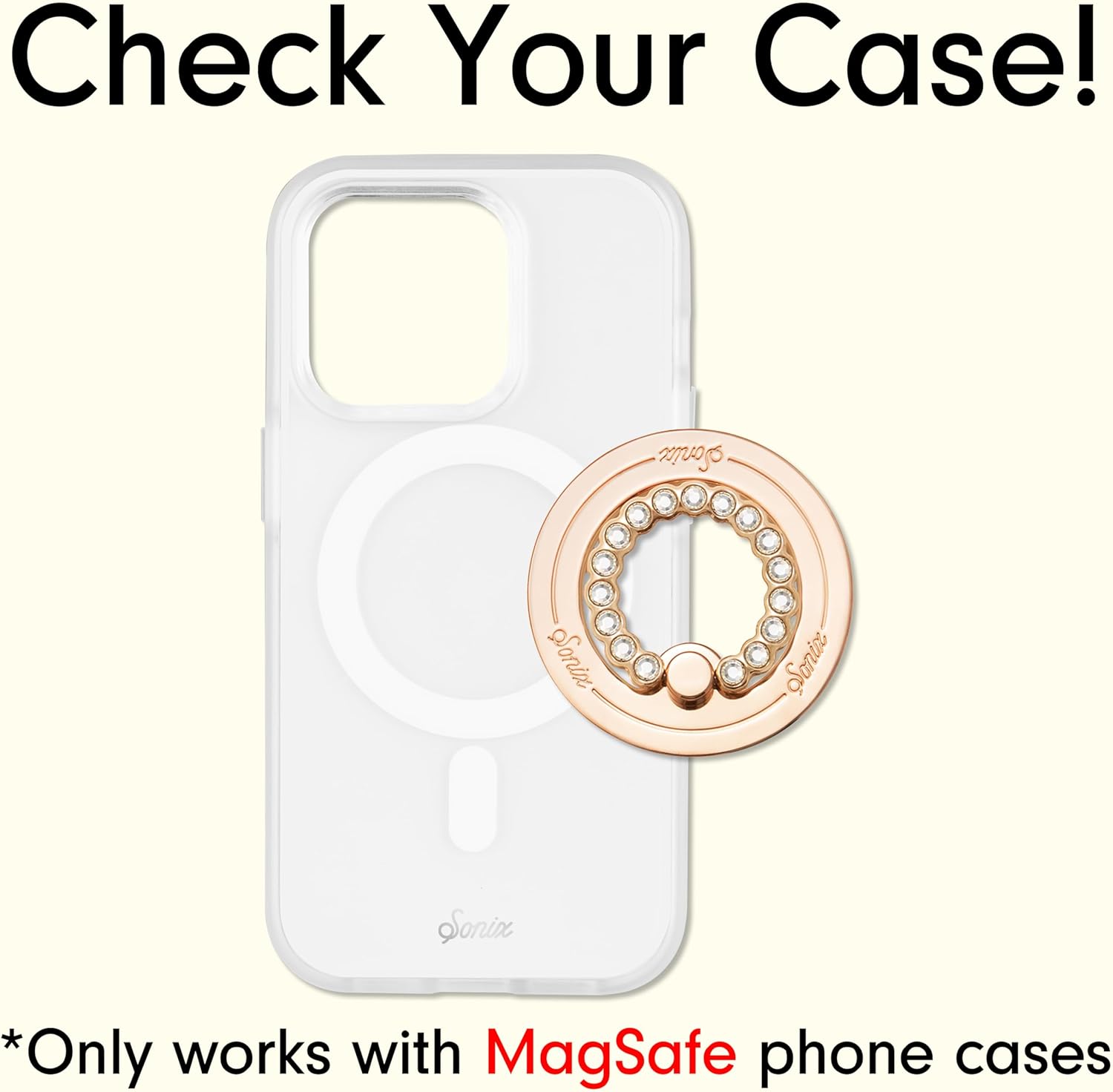 sonix magnetic phone grip and phone ring holder - compatible with magsafe - rotatable kickstand and phone holder for iphone 16, 15, 14, 13, 12 series - gold/clear rhinestone gold / clear rhinestone