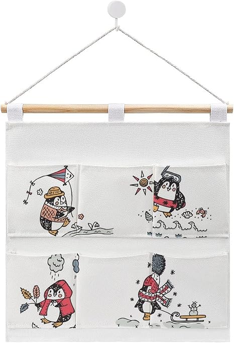 Amazon ペンギン ウォールポケット壁掛け おしゃれ かわいいウォールポケット キャンプ 天然コットンとリネン素材 強い吊り下げ 便利な 収納 6つの収納袋 ウォールポケット オンライン通販