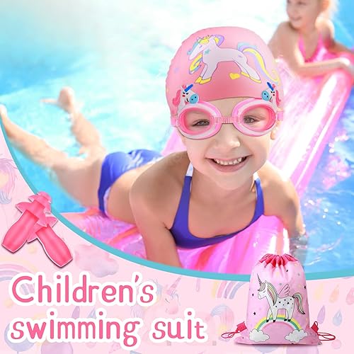 Miniatura 5 de Gorro de natación de unicornio para niños con gafas de natación y bolsa de almacenamiento para niños (de 3 a 12 años), gorras de natación y baño