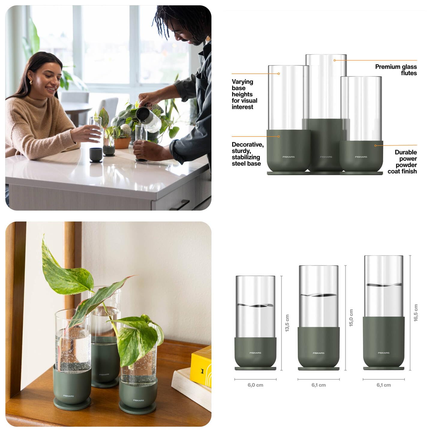 Fiskars Urban Plant Care Set de Pots de Culture, 3 Pcs | Pour la Propagation des Boutures, 3 Pots en Verre et 3 Supports en Métal, Vert Olive, 1080910
