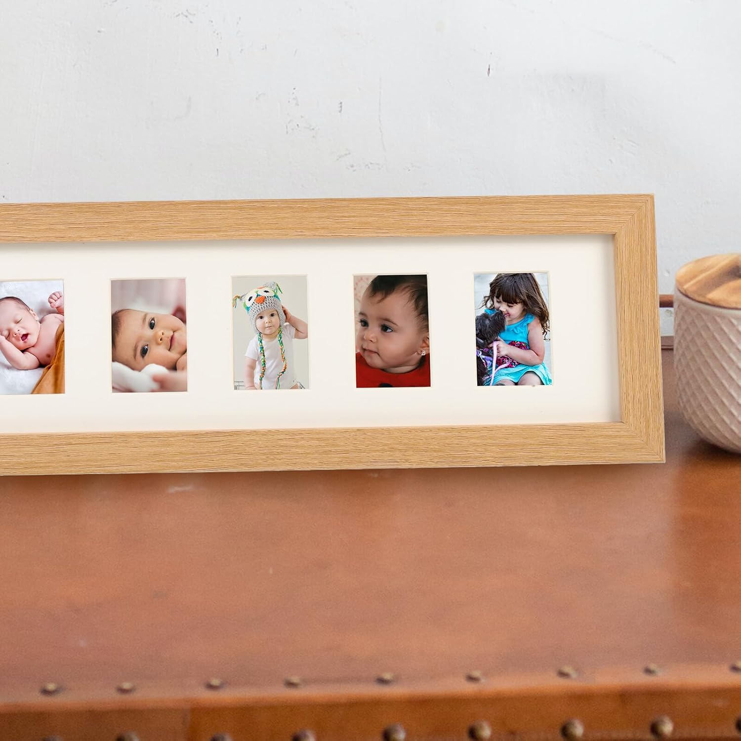 Picture Frame and Keepsake Frame for Infants, Wooden 6-hole Tabletop Photo Holder for Newborns and First Year Memory Display, Suitable for ’s Monthly and Birthday Photos
