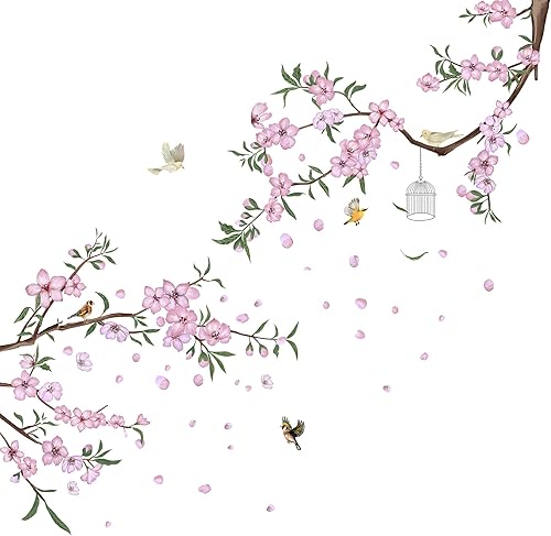 Miniatura 9 de 2 hojas de calcomanías de pared de flor de durazno rosa, ramas de cerezo, calcomanías de pared extraíbles para niños, niñas, dormitorio, sala de