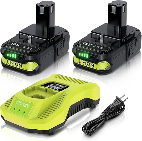 Miniatura 1 de Paquete de 2 baterías de repuesto de 18 V 4.0Ah para Ryobi 18 V y cargador para batería Ryobi 18 V ONE+ P108 P107 P104 P105 P102 P103 260051002 P117