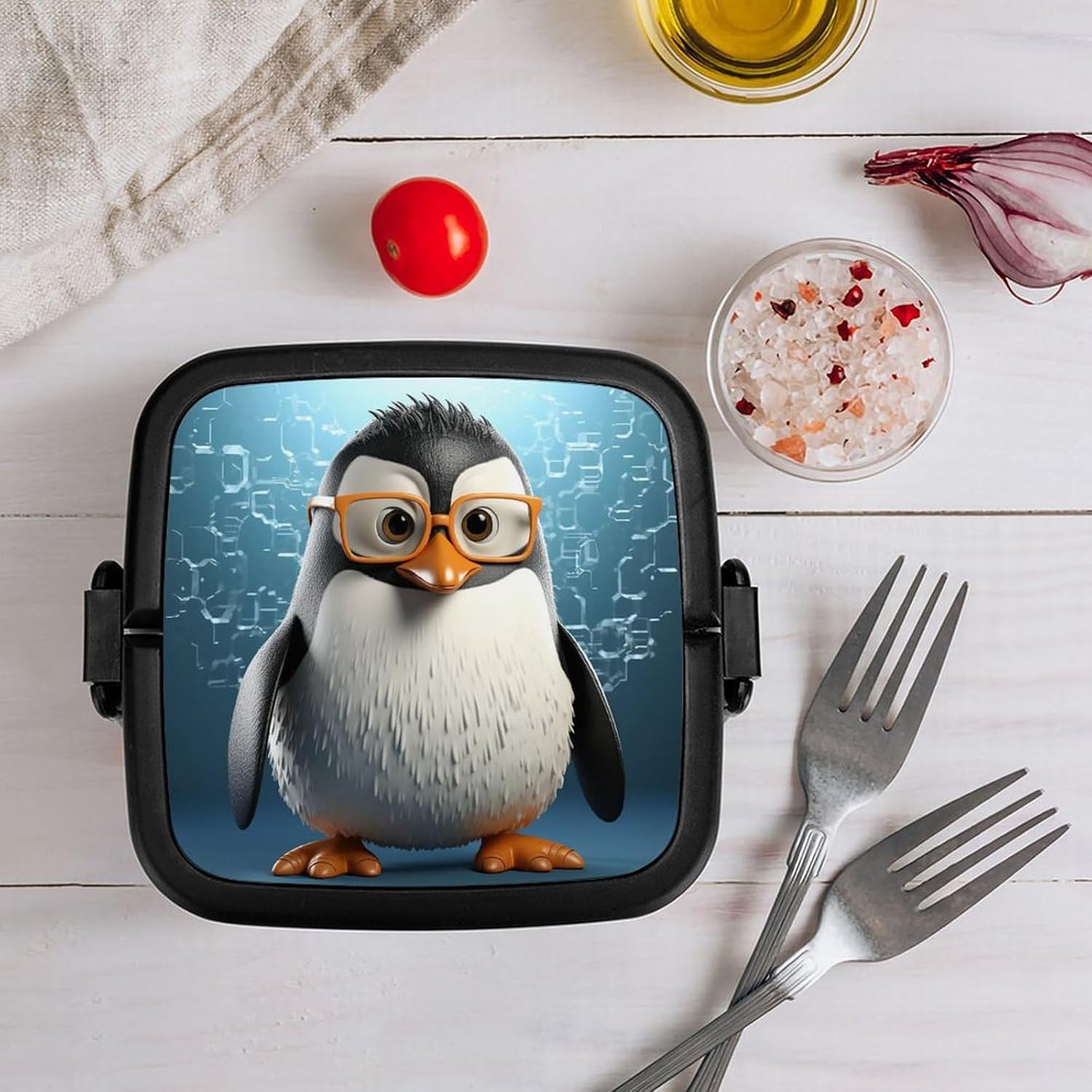 Adults Lunch Box Adult Bento Box Stackable Bento Box BPA-Free Penguin With Glasses Lunch Box Food Container Ideal for Meal Prep, Work, And On The Go