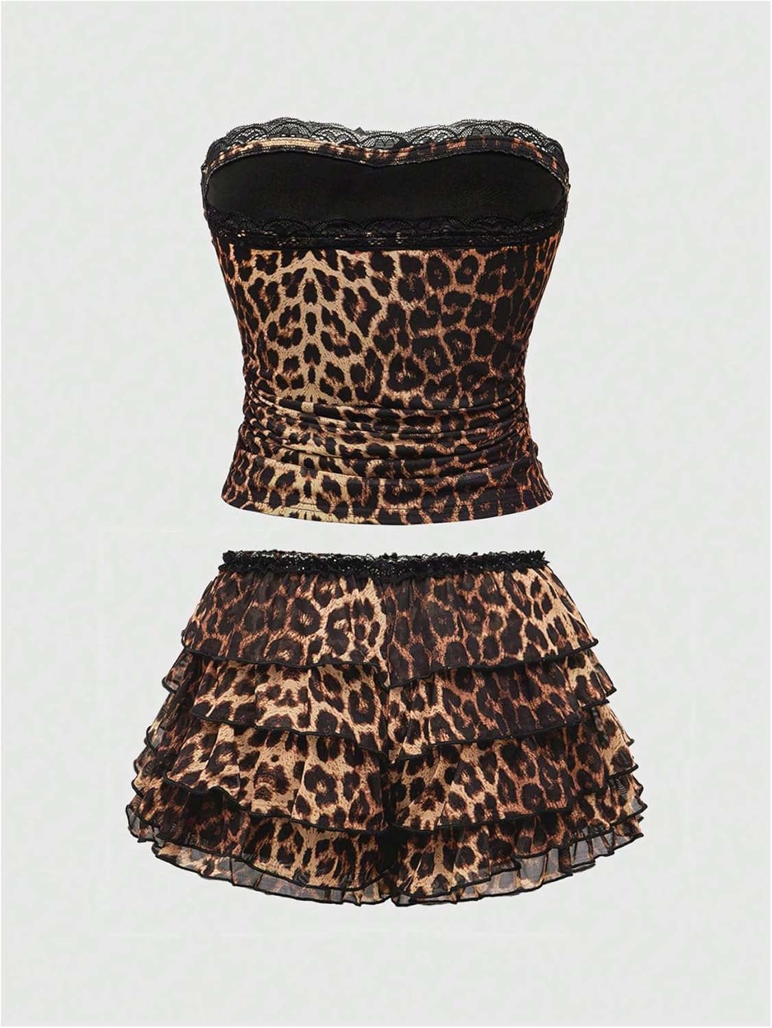 Women's 2 Piece Outfit Y2k Cheetah Set Lace Leopard Tube Top Mesh Ruffle Mini Micro Shorts Sexy Rave Part Clubwear - Image 2