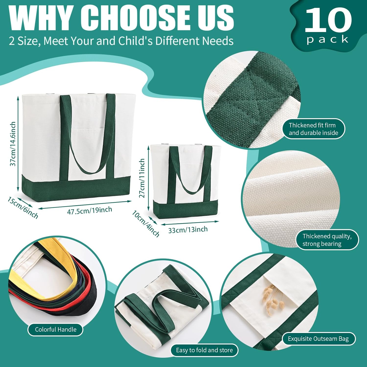 10Pcs Canvas Tote Bag Bulk with Outer Pocket, 12oz Cotton Blank Canvas Tote Bags 19 x 14.6Inch, 13 x 11Inch Reusable Grocery Bags Shopping Cloth Bags for Women, Colorful (5 Set Large & Medium) - Image 2