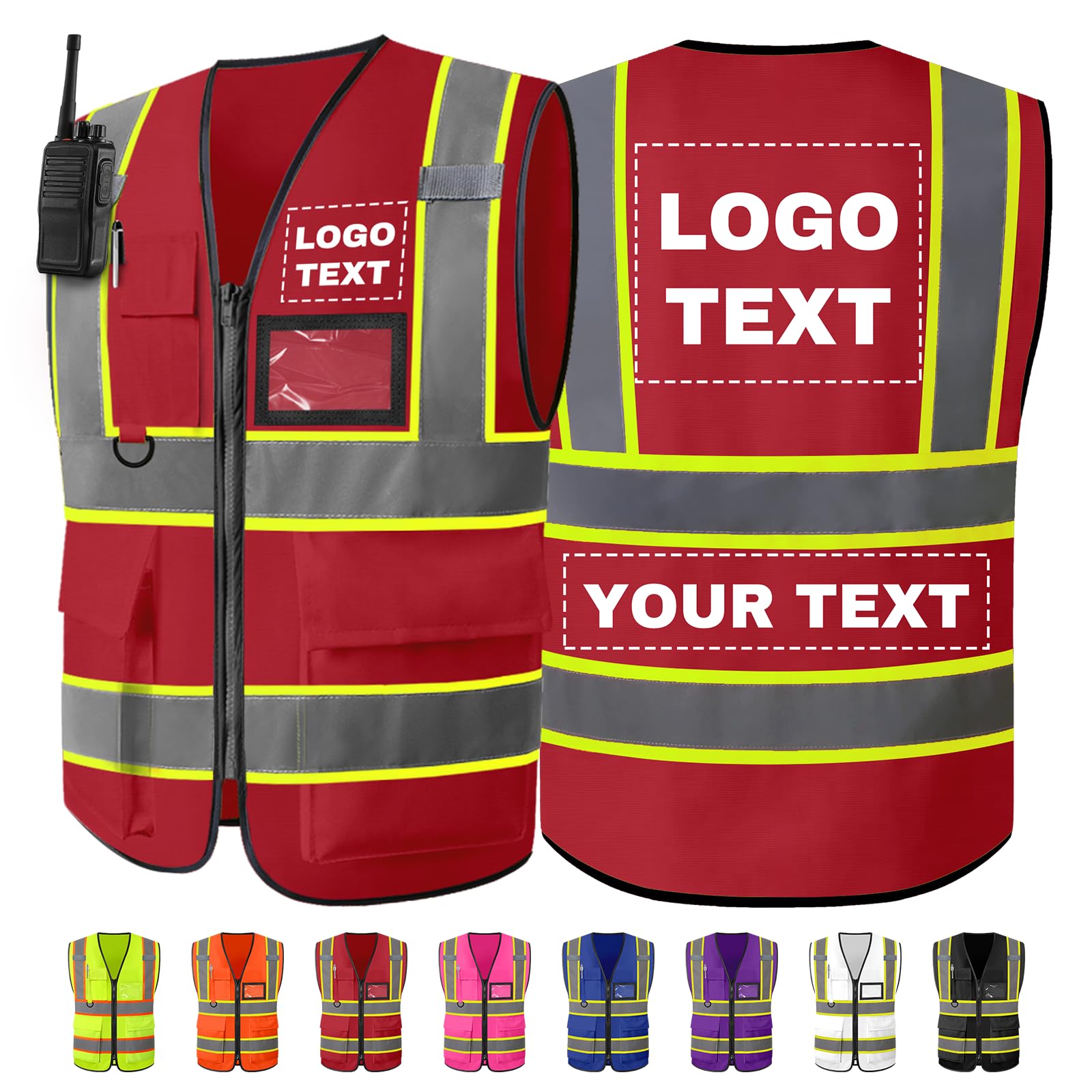 Personalised Safety Vest with Logo/Text Bulk Customised Reflective High Visibility Vest with 7 Pockets 2 Tone Workwear Vest Red 4X-Large