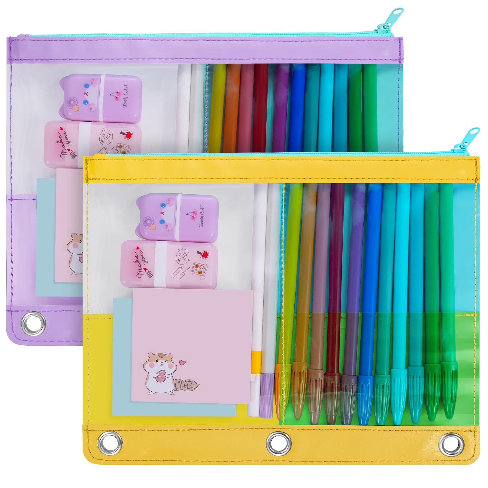 Sooez Cute Binder Pencil Pouch, 2 Pack Large Capacity Pencil Pouch for 3 Ring Binder, Binder Pencil Case Smooth Zipper, 3 Hole Pencil Bag for Binder with Reinforced Grommets, Yellow&Purple