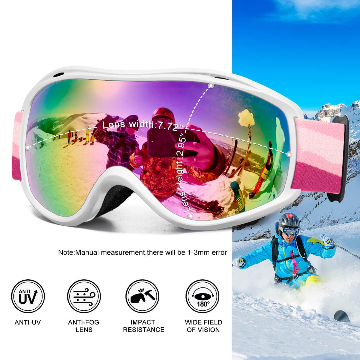 FMY Gafas OTG para esquí, snowboard, protección UV400, gafas de esquí y motos de nieve para hombres, mujeres y jóvenes